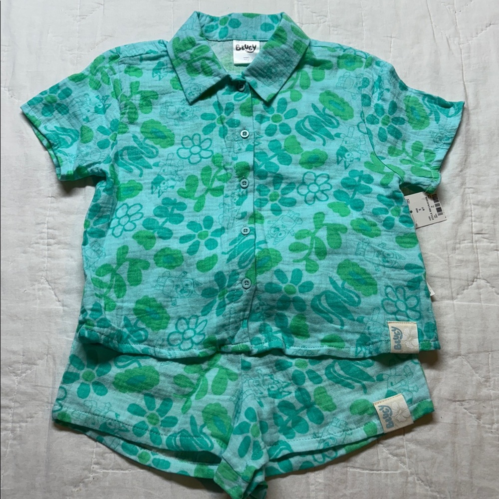Bluey Aqua Green Floral Cotton Gauze‎ Short Sleeve Shirt and Shorts Set NWT